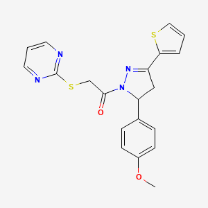 molecular formula C20H18N4O2S2 B2901271 1-[3-(4-Methoxyphenyl)-5-thiophen-2-yl-3,4-dihydropyrazol-2-yl]-2-pyrimidin-2-ylsulfanylethanone CAS No. 403843-37-8