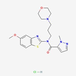 molecular formula C20H26ClN5O3S B2901272 N-(5-methoxy-1,3-benzothiazol-2-yl)-1-methyl-N-[3-(morpholin-4-yl)propyl]-1H-pyrazole-5-carboxamide hydrochloride CAS No. 1189949-89-0