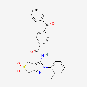 molecular formula C26H21N3O4S B2901276 4-benzoyl-N-[2-(2-methylphenyl)-5,5-dioxo-4,6-dihydrothieno[3,4-c]pyrazol-3-yl]benzamide CAS No. 449786-26-9