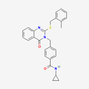 molecular formula C27H25N3O2S B2901325 N-cyclopropyl-4-((2-((2-methylbenzyl)thio)-4-oxoquinazolin-3(4H)-yl)methyl)benzamide CAS No. 1115360-30-9