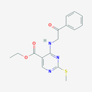 molecular formula C16H17N3O3S B290133 Ethyl 2-methylsulfanyl-4-(phenacylamino)pyrimidine-5-carboxylate 