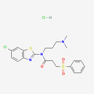 molecular formula C21H25Cl2N3O3S2 B2901602 3-(BENZENESULFONYL)-N-(6-CHLORO-1,3-BENZOTHIAZOL-2-YL)-N-[3-(DIMETHYLAMINO)PROPYL]PROPANAMIDE HYDROCHLORIDE CAS No. 1215732-23-2