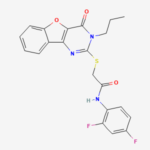 molecular formula C21H17F2N3O3S B2901683 N-(2,4-difluorophenyl)-2-({6-oxo-5-propyl-8-oxa-3,5-diazatricyclo[7.4.0.0^{2,7}]trideca-1(9),2(7),3,10,12-pentaen-4-yl}sulfanyl)acetamide CAS No. 900003-82-9