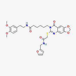 molecular formula C32H36N4O8S B2901938 N-[2-(3,4-dimethoxyphenyl)ethyl]-6-{6-[({[(furan-2-yl)methyl]carbamoyl}methyl)sulfanyl]-8-oxo-2H,7H,8H-[1,3]dioxolo[4,5-g]quinazolin-7-yl}hexanamide CAS No. 688061-68-9
