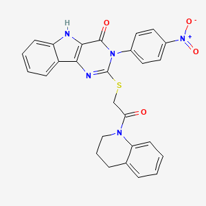 molecular formula C27H21N5O4S B2902099 2-((2-(3,4-dihydroquinolin-1(2H)-yl)-2-oxoethyl)thio)-3-(4-nitrophenyl)-3H-pyrimido[5,4-b]indol-4(5H)-one CAS No. 536716-71-9