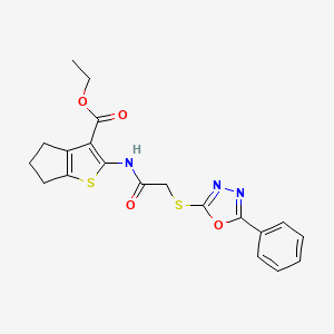 molecular formula C20H19N3O4S2 B2902229 ethyl 2-({[(5-phenyl-1,3,4-oxadiazol-2-yl)sulfanyl]acetyl}amino)-5,6-dihydro-4H-cyclopenta[b]thiophene-3-carboxylate CAS No. 538338-12-4