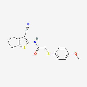 molecular formula C17H16N2O2S2 B2902412 N-(3-cyano-5,6-dihydro-4H-cyclopenta[b]thiophen-2-yl)-2-((4-methoxyphenyl)thio)acetamide CAS No. 941951-28-6