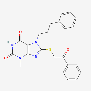 molecular formula C23H22N4O3S B2902799 3-Methyl-8-phenacylsulfanyl-7-(3-phenylpropyl)purine-2,6-dione CAS No. 326918-87-0