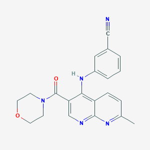 molecular formula C21H19N5O2 B2902869 3-((7-Methyl-3-(morpholine-4-carbonyl)-1,8-naphthyridin-4-yl)amino)benzonitrile CAS No. 1251676-07-9