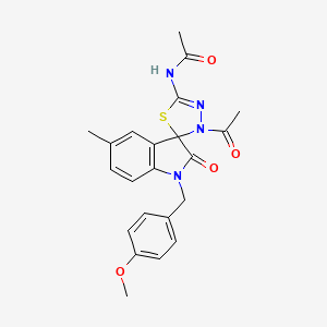molecular formula C22H22N4O4S B2902972 N-{3'-acetyl-1-[(4-methoxyphenyl)methyl]-5-methyl-2-oxo-1,2-dihydro-3'H-spiro[indole-3,2'-[1,3,4]thiadiazole]-5'-yl}acetamide CAS No. 902248-10-6