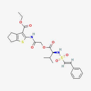 molecular formula C25H30N2O7S2 B2903084 ethyl 2-[[2-[(2S)-3-methyl-2-[[(E)-2-phenylethenyl]sulfonylamino]butanoyl]oxyacetyl]amino]-5,6-dihydro-4H-cyclopenta[b]thiophene-3-carboxylate CAS No. 956610-70-1
