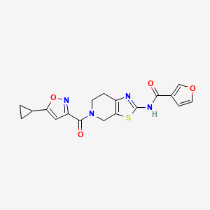 molecular formula C18H16N4O4S B2903253 N-(5-(5-cyclopropylisoxazole-3-carbonyl)-4,5,6,7-tetrahydrothiazolo[5,4-c]pyridin-2-yl)furan-3-carboxamide CAS No. 1428360-21-7