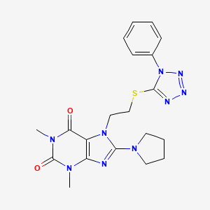 molecular formula C20H23N9O2S B2903313 1,3-dimethyl-7-(2-((1-phenyl-1H-tetrazol-5-yl)thio)ethyl)-8-(pyrrolidin-1-yl)-1H-purine-2,6(3H,7H)-dione CAS No. 685860-67-7