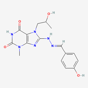 (E)-8-(2-(4-hydroxybenzylidene)hydrazinyl)-7-(2-hydroxypropyl)-3-methyl-1H-purine-2,6(3H,7H)-dione