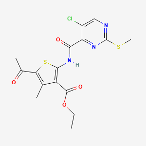 molecular formula C16H16ClN3O4S2 B2903605 Ethyl 5-acetyl-2-[(5-chloro-2-methylsulfanylpyrimidine-4-carbonyl)amino]-4-methylthiophene-3-carboxylate CAS No. 838810-63-2