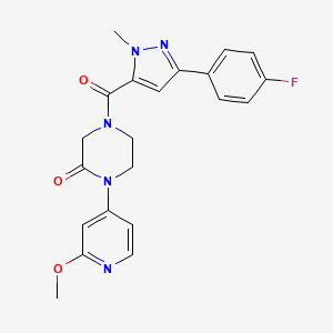 molecular formula C21H20FN5O3 B2903609 4-[3-(4-fluorophenyl)-1-methyl-1H-pyrazole-5-carbonyl]-1-(2-methoxypyridin-4-yl)piperazin-2-one CAS No. 2380191-56-8