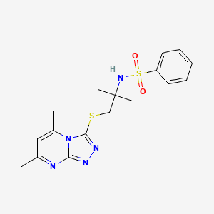 molecular formula C17H21N5O2S2 B2903974 N-(1-((5,7-dimethyl-[1,2,4]triazolo[4,3-a]pyrimidin-3-yl)thio)-2-methylpropan-2-yl)benzenesulfonamide CAS No. 831209-63-3