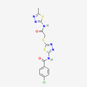 molecular formula C14H11ClN6O2S3 B2904029 4-chloro-N-[5-({[(5-methyl-1,3,4-thiadiazol-2-yl)carbamoyl]methyl}sulfanyl)-1,3,4-thiadiazol-2-yl]benzamide CAS No. 392319-08-3