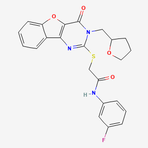 molecular formula C23H20FN3O4S B2904068 N-(3-fluorophenyl)-2-({6-oxo-5-[(oxolan-2-yl)methyl]-8-oxa-3,5-diazatricyclo[7.4.0.0^{2,7}]trideca-1(9),2(7),3,10,12-pentaen-4-yl}sulfanyl)acetamide CAS No. 899754-87-1