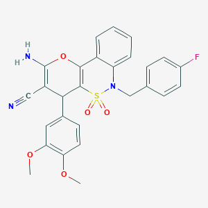 molecular formula C27H22FN3O5S B2904427 4-amino-6-(3,4-dimethoxyphenyl)-9-[(4-fluorophenyl)methyl]-8,8-dioxo-3-oxa-8lambda6-thia-9-azatricyclo[8.4.0.0^{2,7}]tetradeca-1(14),2(7),4,10,12-pentaene-5-carbonitrile CAS No. 893292-77-8