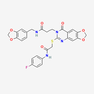 molecular formula C28H23FN4O7S B2904446 N-[(2H-1,3-benzodioxol-5-yl)methyl]-3-[6-({[(4-fluorophenyl)carbamoyl]methyl}sulfanyl)-8-oxo-2H,7H,8H-[1,3]dioxolo[4,5-g]quinazolin-7-yl]propanamide CAS No. 896706-01-7