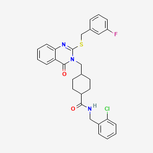 molecular formula C30H29ClFN3O2S B2904731 N-[(2-chlorophenyl)methyl]-4-[(2-{[(3-fluorophenyl)methyl]sulfanyl}-4-oxo-3,4-dihydroquinazolin-3-yl)methyl]cyclohexane-1-carboxamide CAS No. 689226-93-5