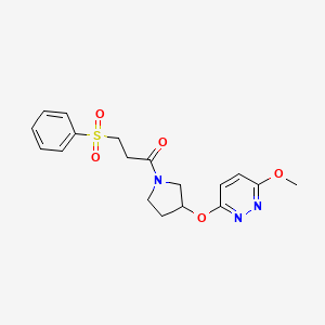 molecular formula C18H21N3O5S B2904843 1-(3-((6-Methoxypyridazin-3-yl)oxy)pyrrolidin-1-yl)-3-(phenylsulfonyl)propan-1-one CAS No. 2034248-19-4