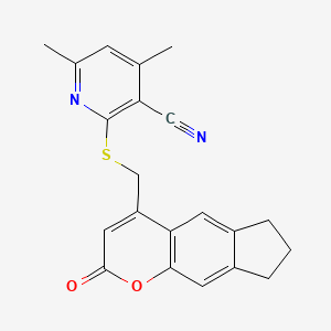 molecular formula C21H18N2O2S B2904870 4,6-dimethyl-2-[({2-oxo-2H,6H,7H,8H-cyclopenta[g]chromen-4-yl}methyl)sulfanyl]pyridine-3-carbonitrile CAS No. 872193-05-0