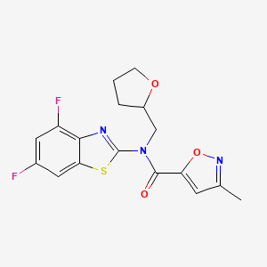 molecular formula C17H15F2N3O3S B2905203 N-(4,6-difluoro-1,3-benzothiazol-2-yl)-3-methyl-N-[(oxolan-2-yl)methyl]-1,2-oxazole-5-carboxamide CAS No. 946285-59-2