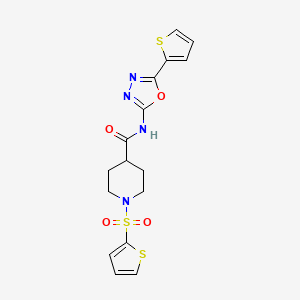 molecular formula C16H16N4O4S3 B2905411 N-[5-(thiophen-2-yl)-1,3,4-oxadiazol-2-yl]-1-(thiophene-2-sulfonyl)piperidine-4-carboxamide CAS No. 942002-29-1