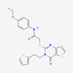 molecular formula C22H21N3O3S3 B2905509 N-(4-ethoxyphenyl)-2-({4-oxo-3-[2-(thiophen-2-yl)ethyl]-3,4-dihydrothieno[3,2-d]pyrimidin-2-yl}sulfanyl)acetamide CAS No. 1260630-87-2