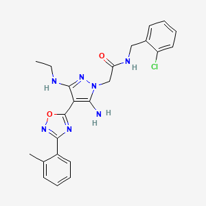 molecular formula C23H24ClN7O2 B2905676 2-(5-amino-3-(ethylamino)-4-(3-(o-tolyl)-1,2,4-oxadiazol-5-yl)-1H-pyrazol-1-yl)-N-(2-chlorobenzyl)acetamide CAS No. 1172810-25-1