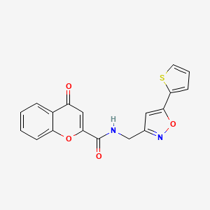 molecular formula C18H12N2O4S B2905731 4-oxo-N-((5-(thiophen-2-yl)isoxazol-3-yl)methyl)-4H-chromene-2-carboxamide CAS No. 946211-23-0