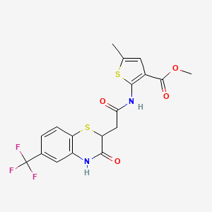 molecular formula C18H15F3N2O4S2 B2906252 methyl 5-methyl-2-{2-[3-oxo-6-(trifluoromethyl)-3,4-dihydro-2H-1,4-benzothiazin-2-yl]acetamido}thiophene-3-carboxylate CAS No. 831234-20-9