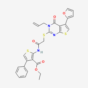 molecular formula C28H23N3O5S3 B2906308 ethyl 2-(2-{[5-(furan-2-yl)-4-oxo-3-(prop-2-en-1-yl)-3H,4H-thieno[2,3-d]pyrimidin-2-yl]sulfanyl}acetamido)-4-phenylthiophene-3-carboxylate CAS No. 670273-72-0