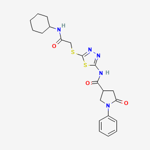 molecular formula C21H25N5O3S2 B2906469 N-(5-((2-(cyclohexylamino)-2-oxoethyl)thio)-1,3,4-thiadiazol-2-yl)-5-oxo-1-phenylpyrrolidine-3-carboxamide CAS No. 872594-66-6