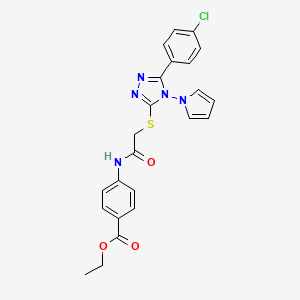 molecular formula C23H20ClN5O3S B2906475 ethyl 4-(2-{[5-(4-chlorophenyl)-4-(1H-pyrrol-1-yl)-4H-1,2,4-triazol-3-yl]sulfanyl}acetamido)benzoate CAS No. 896309-18-5