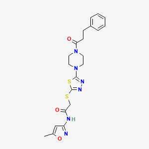 molecular formula C21H24N6O3S2 B2906743 N-(5-methyl-1,2-oxazol-3-yl)-2-({5-[4-(3-phenylpropanoyl)piperazin-1-yl]-1,3,4-thiadiazol-2-yl}sulfanyl)acetamide CAS No. 1172424-38-2