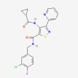 molecular formula C20H16ClFN4O2S B2906793 N-[(3-chloro-4-fluorophenyl)methyl]-4-cyclopropaneamido-3-(pyridin-2-yl)-1,2-thiazole-5-carboxamide CAS No. 1251585-79-1