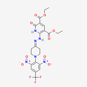 molecular formula C23H23F3N6O9 B2907013 Diethyl 2-(2-{1-[2,6-dinitro-4-(trifluoromethyl)phenyl]-4-piperidinylidene}hydrazino)-6-hydroxy-3,5-pyridinedicarboxylate CAS No. 338410-27-8
