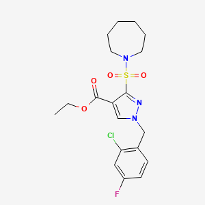 molecular formula C19H23ClFN3O4S B2907291 ethyl 3-(azepan-1-ylsulfonyl)-1-(2-chloro-4-fluorobenzyl)-1H-pyrazole-4-carboxylate CAS No. 1251591-51-1