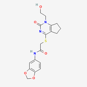 molecular formula C18H19N3O5S B2907309 N-(2H-1,3-benzodioxol-5-yl)-2-{[1-(2-hydroxyethyl)-2-oxo-1H,2H,5H,6H,7H-cyclopenta[d]pyrimidin-4-yl]sulfanyl}acetamide CAS No. 941978-97-8