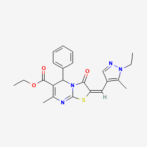 molecular formula C23H24N4O3S B2907317 ethyl (2E)-2-[(1-ethyl-5-methyl-1H-pyrazol-4-yl)methylidene]-7-methyl-3-oxo-5-phenyl-2H,3H,5H-[1,3]thiazolo[3,2-a]pyrimidine-6-carboxylate CAS No. 494219-37-3