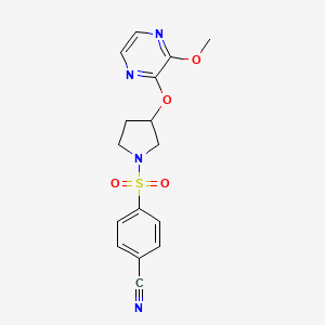 molecular formula C16H16N4O4S B2907326 4-((3-((3-Methoxypyrazin-2-yl)oxy)pyrrolidin-1-yl)sulfonyl)benzonitrile CAS No. 2034285-44-2