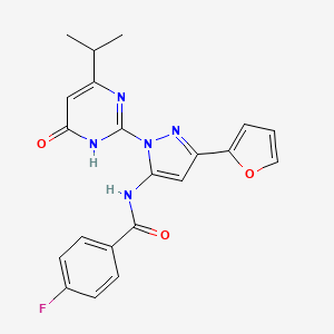 molecular formula C21H18FN5O3 B2907354 4-fluoro-N-(3-(furan-2-yl)-1-(4-isopropyl-6-oxo-1,6-dihydropyrimidin-2-yl)-1H-pyrazol-5-yl)benzamide CAS No. 1206996-15-7