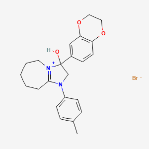 molecular formula C23H27BrN2O3 B2907377 3-(2,3-dihydrobenzo[b][1,4]dioxin-6-yl)-3-hydroxy-1-(p-tolyl)-3,5,6,7,8,9-hexahydro-2H-imidazo[1,2-a]azepin-1-ium bromide CAS No. 1104811-30-4