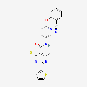 molecular formula C23H17N5O2S2 B2907388 N-[6-(2-cyanophenoxy)pyridin-3-yl]-4-methyl-6-(methylsulfanyl)-2-(thiophen-2-yl)pyrimidine-5-carboxamide CAS No. 1111454-78-4