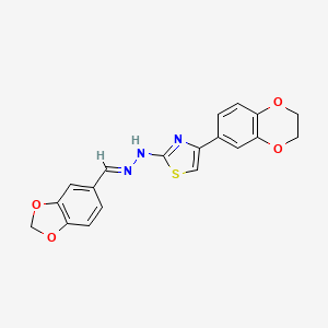 molecular formula C19H15N3O4S B2907449 (Z)-2-((E)-(benzo[d][1,3]dioxol-5-ylmethylene)hydrazono)-4-(2,3-dihydrobenzo[b][1,4]dioxin-6-yl)-2,3-dihydrothiazole CAS No. 1322209-95-9