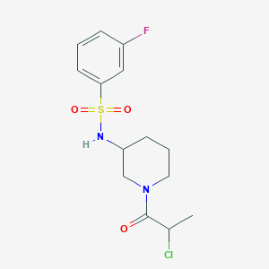 molecular formula C14H18ClFN2O3S B2907530 N-(1-(2-Chloropropanoyl)piperidin-3-yl)-3-fluorobenzenesulfonamide CAS No. 2411224-61-6