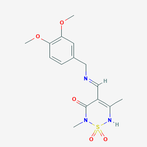 molecular formula C15H19N3O5S B2907564 (4E)-4-({[(3,4-dimethoxyphenyl)methyl]amino}methylidene)-2,5-dimethyl-3,4-dihydro-2H-1lambda6,2,6-thiadiazine-1,1,3-trione CAS No. 2380195-72-0